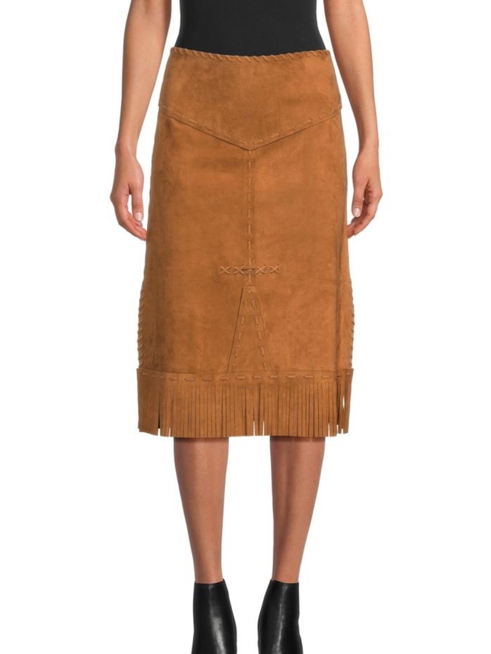 Valentino Garavani Suede Lamb Skin Midi Skirt with Fringe in Cognac Brown - Picture 3 of 4